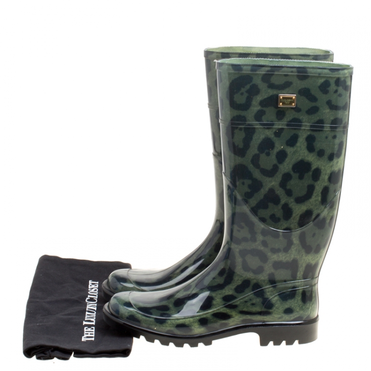 Pre Owned Dolce and Gabbana Green Leopard Print Wellington Rubber Boots Size 40