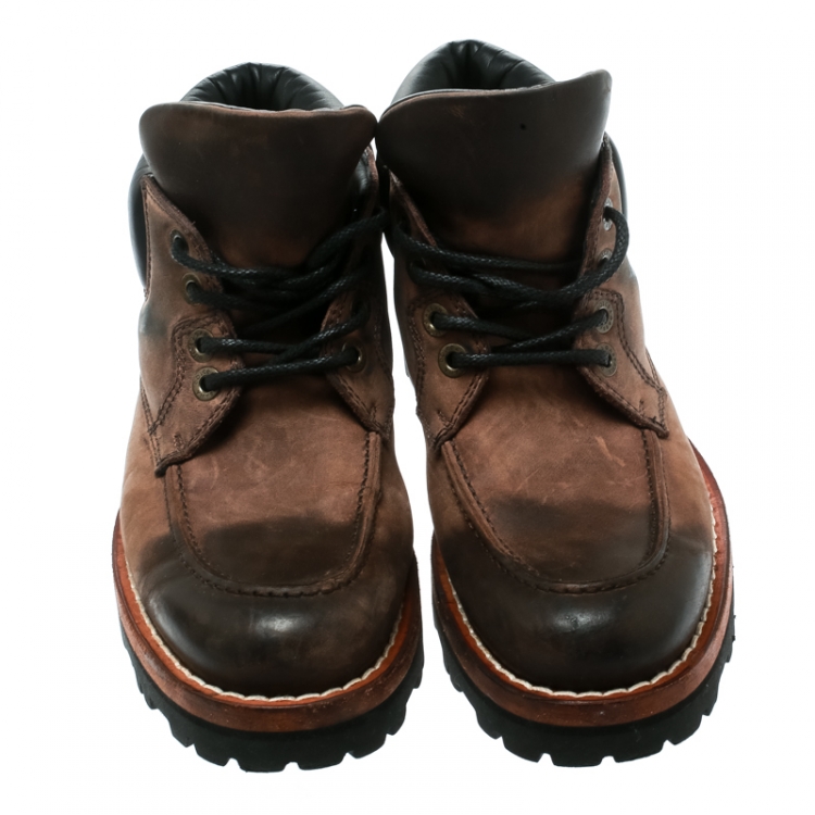 Pre Owned Dolce and Gabbana Brown Textured Suede With Black Leather Lace Up Boots Size 40