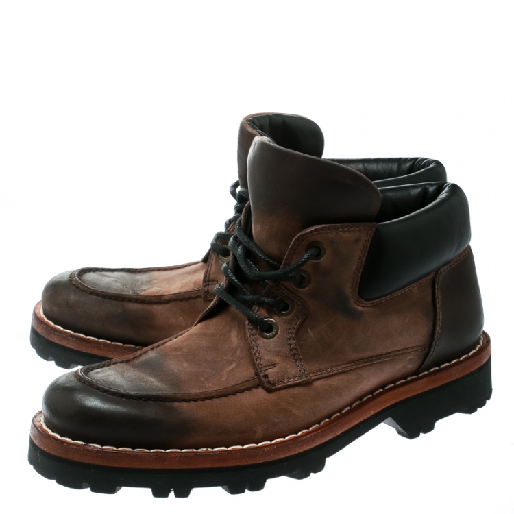 Pre Owned Dolce and Gabbana Brown Textured Suede With Black Leather Lace Up Boots Size 40