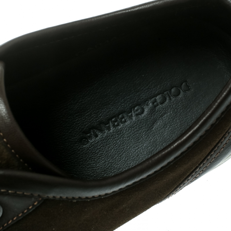 Pre Owned  Dolce and Gabbana Brown Leather/Suede Logo Plaque Sneakers Size 44