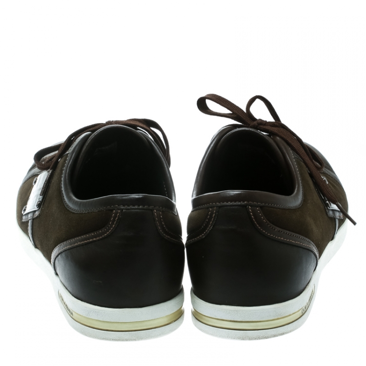 Pre Owned  Dolce and Gabbana Brown Leather/Suede Logo Plaque Sneakers Size 44