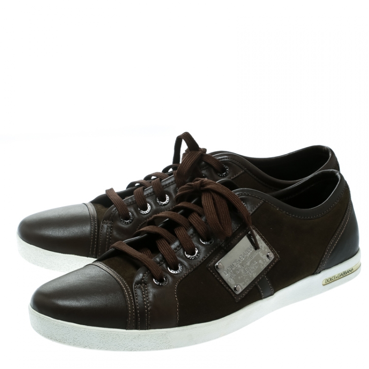 Pre Owned  Dolce and Gabbana Brown Leather/Suede Logo Plaque Sneakers Size 44