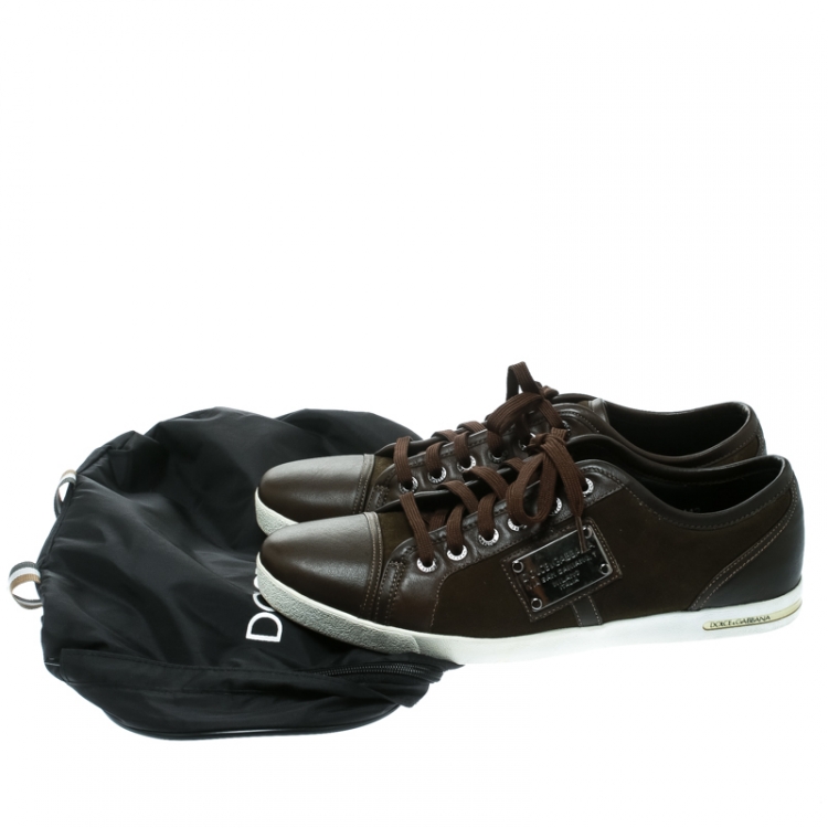 Pre Owned  Dolce and Gabbana Brown Leather/Suede Logo Plaque Sneakers Size 44