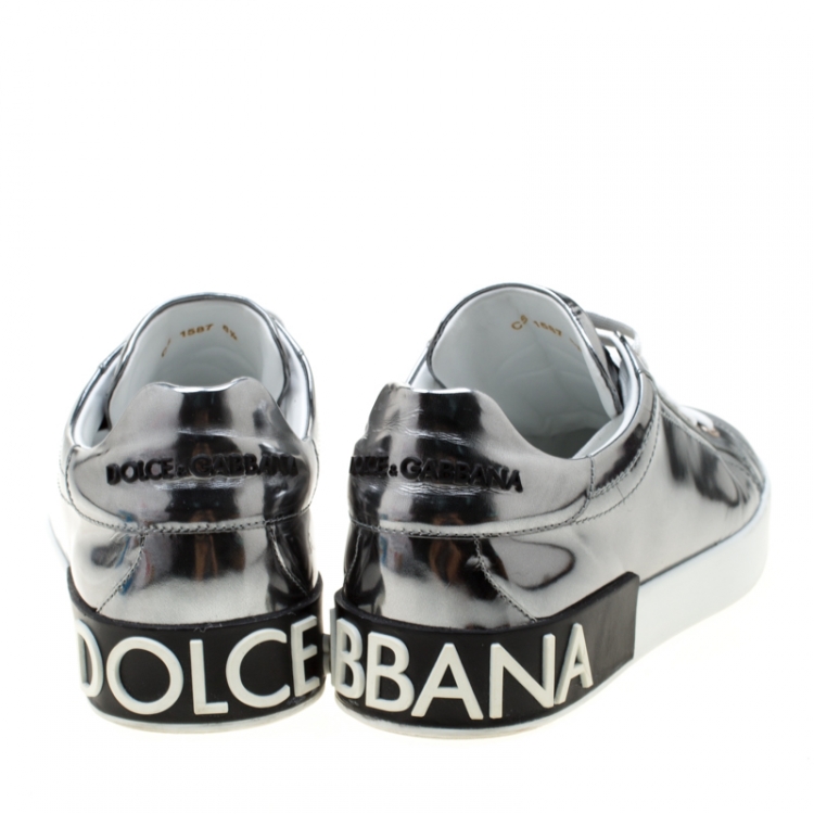 Pre Owned Dolce & Gabbana Metallic Silver Mirror Leather Platform Sneakers Size 42.5