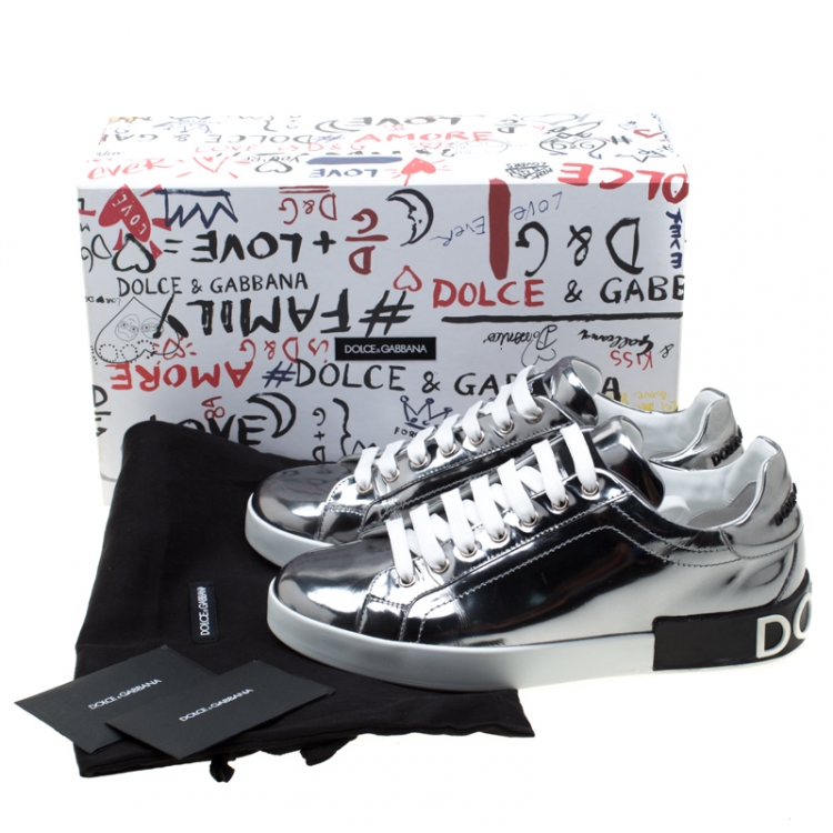 Pre Owned Dolce & Gabbana Metallic Silver Mirror Leather Platform Sneakers Size 42.5