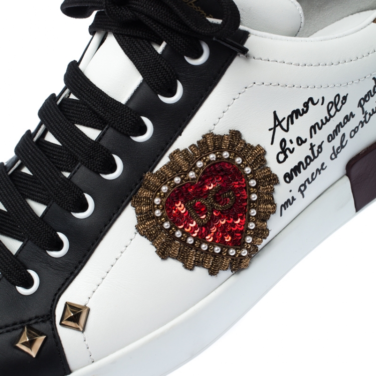 Pre Owned Dolce and Gabbana White Leather Heart Patch Embellished Lace Up Sneakers Size 44
