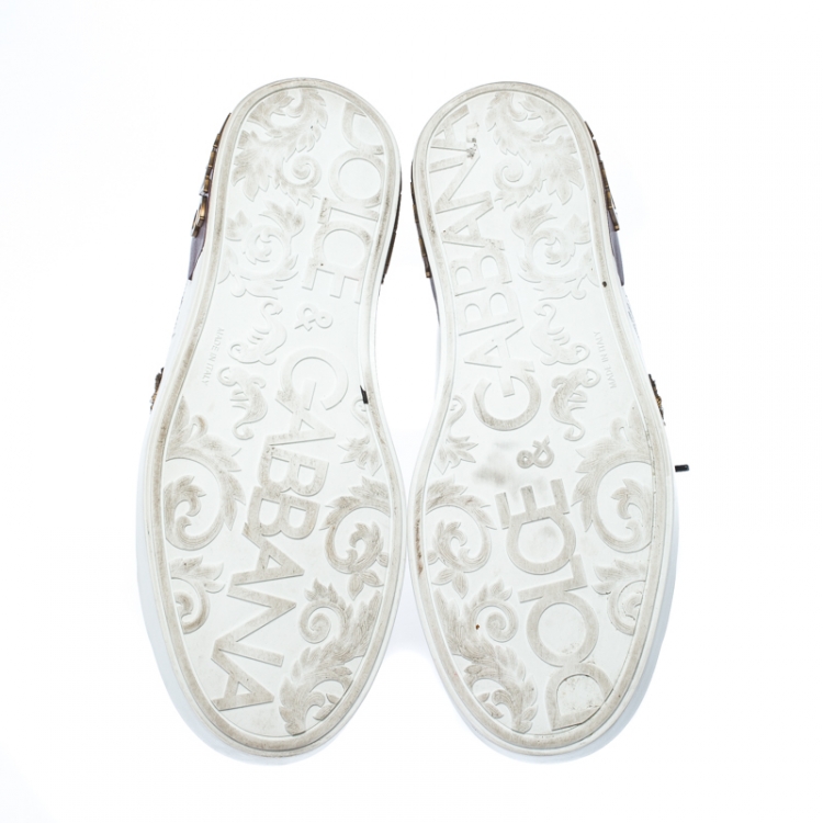 Pre Owned Dolce and Gabbana White Leather Heart Patch Embellished Lace Up Sneakers Size 44