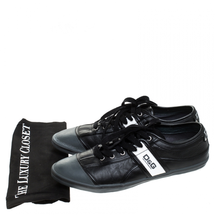 مملوكة مسبقًا Dolce And Gabbana Black Leather & Grey Rubber Cap Toe Low Top Sneakers Size 43
