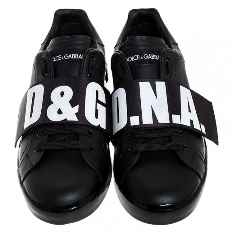 Pre Owned Dolce and Gabbana Black Elastic Logo Leather Melt Portofino Sneakers Size 44