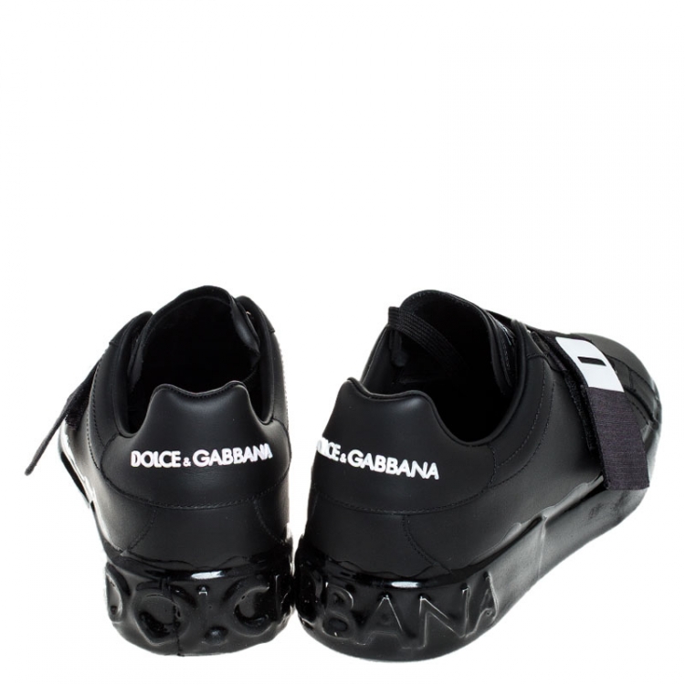 Pre Owned Dolce and Gabbana Black Elastic Logo Leather Melt Portofino Sneakers Size 44