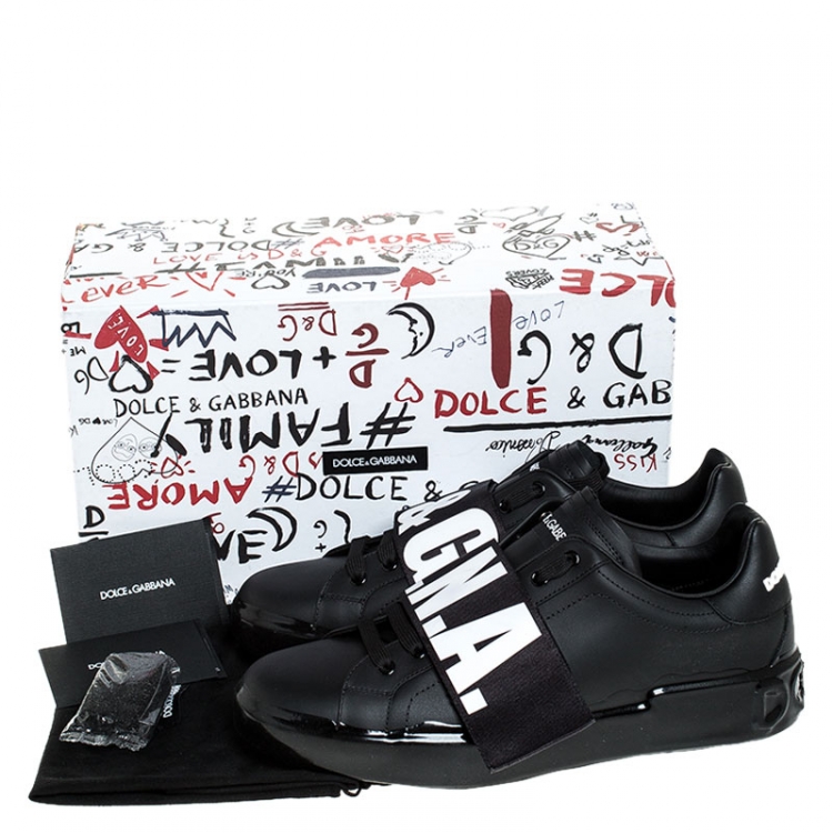 Pre Owned Dolce and Gabbana Black Elastic Logo Leather Melt Portofino Sneakers Size 44