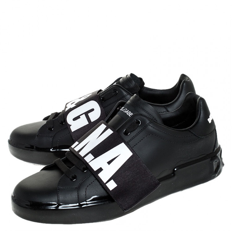 Pre Owned Dolce and Gabbana Black Elastic Logo Leather Melt Portofino Sneakers Size 44