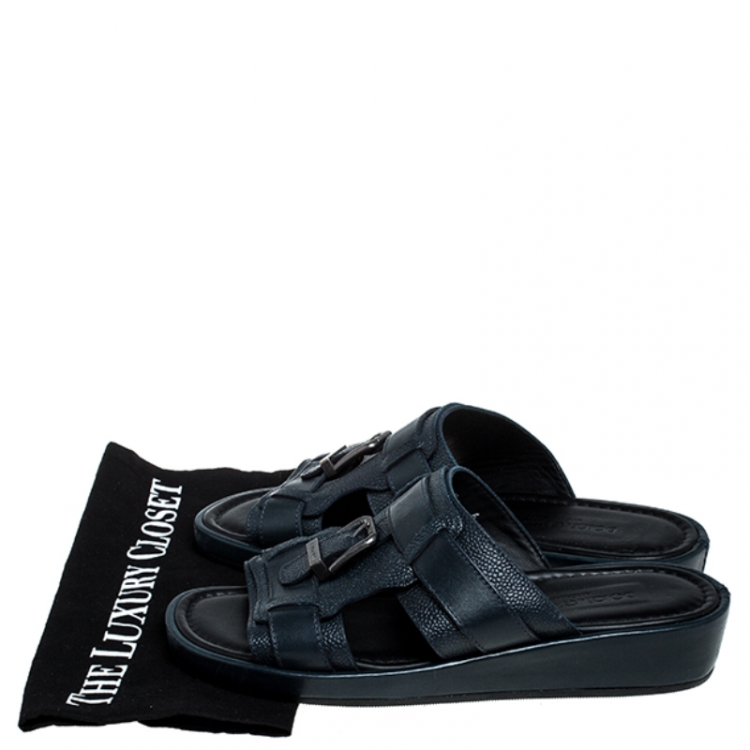 Pre Owned Dolce and Gabbana Navy Blue Leather Buckle Platform Slide Sandals Size 40