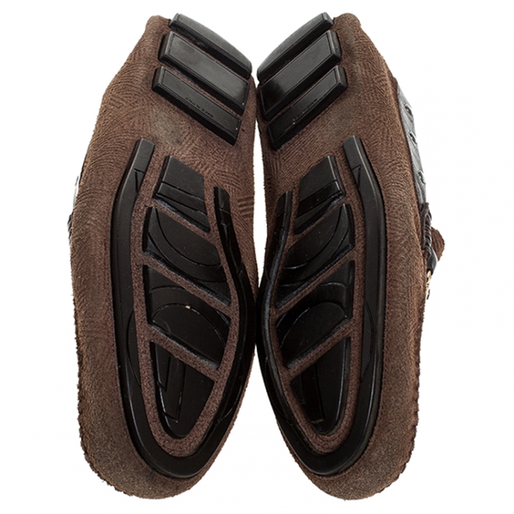 Pre Owned Dolce and Gabbana Brown Suede And Leather Logo Plate Slip On Loafers Size 43