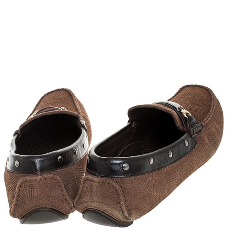 Pre Owned Dolce and Gabbana Brown Suede And Leather Logo Plate Slip On Loafers Size 43