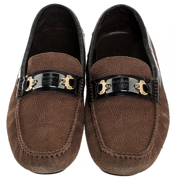 Pre Owned Dolce and Gabbana Brown Suede And Leather Logo Plate Slip On Loafers Size 43