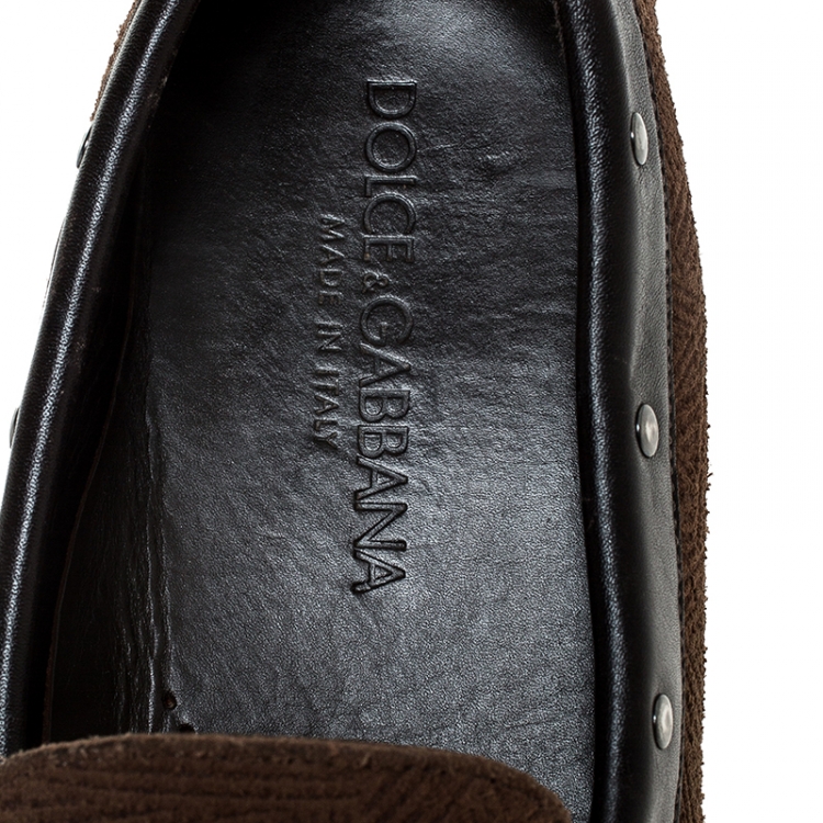 Pre Owned Dolce and Gabbana Brown Suede And Leather Logo Plate Slip On Loafers Size 43