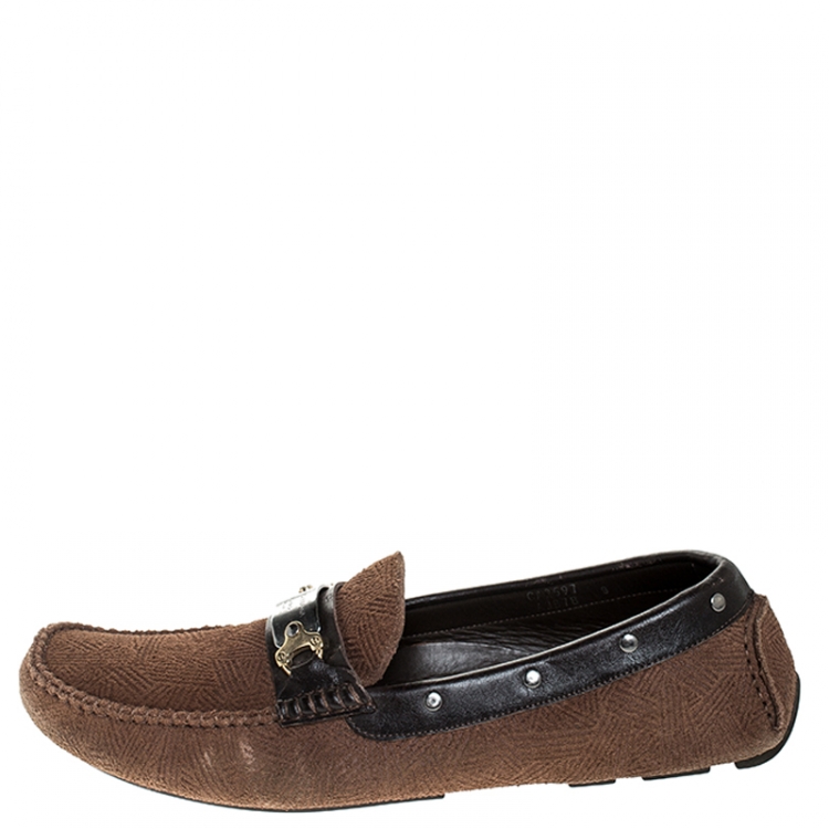 Pre Owned Dolce and Gabbana Brown Suede And Leather Logo Plate Slip On Loafers Size 43