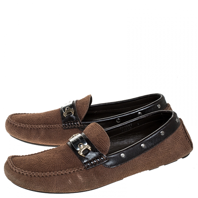 Pre Owned Dolce and Gabbana Brown Suede And Leather Logo Plate Slip On Loafers Size 43
