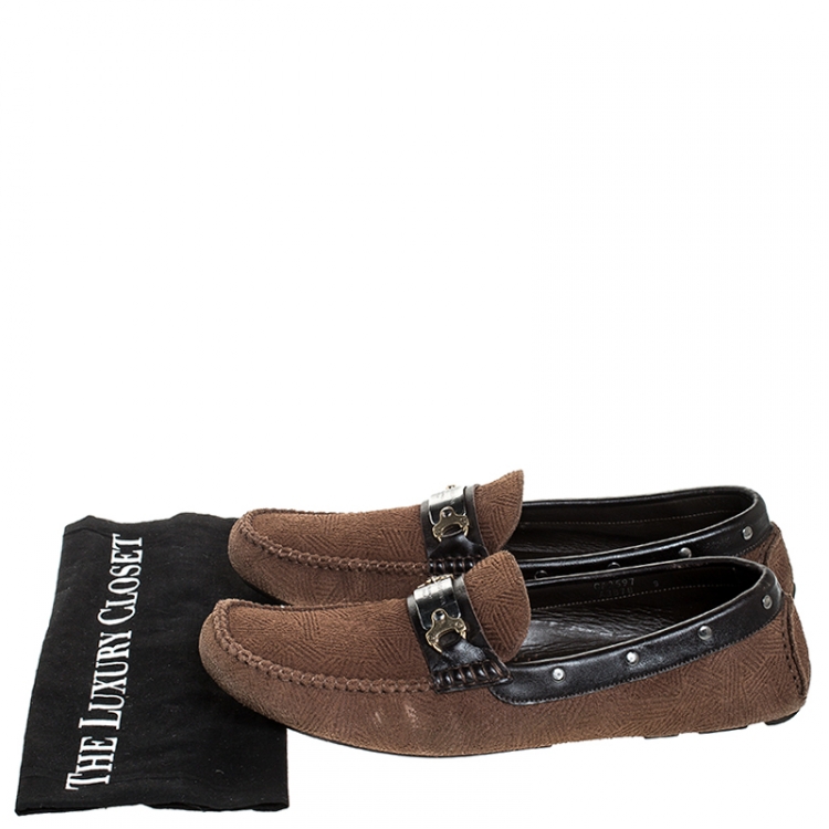 Pre Owned Dolce and Gabbana Brown Suede And Leather Logo Plate Slip On Loafers Size 43