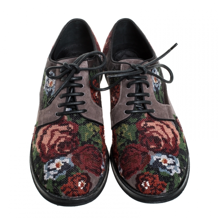 Pre Owned Dolce & Gabbana Multicolor Cross-stitched Rose Suede And Velvet Derby Size 41
