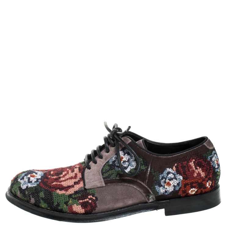 Pre Owned Dolce & Gabbana Multicolor Cross-stitched Rose Suede And Velvet Derby Size 41