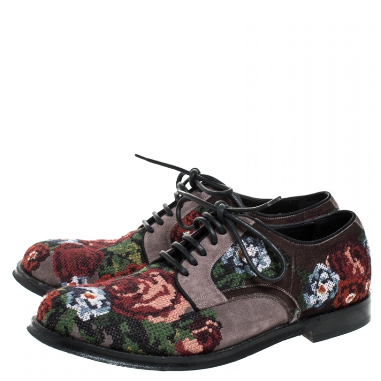 Pre Owned Dolce & Gabbana Multicolor Cross-stitched Rose Suede And Velvet Derby Size 41