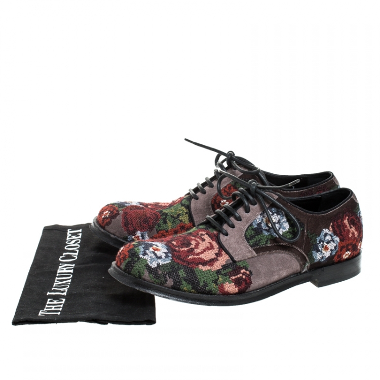 Pre Owned Dolce & Gabbana Multicolor Cross-stitched Rose Suede And Velvet Derby Size 41