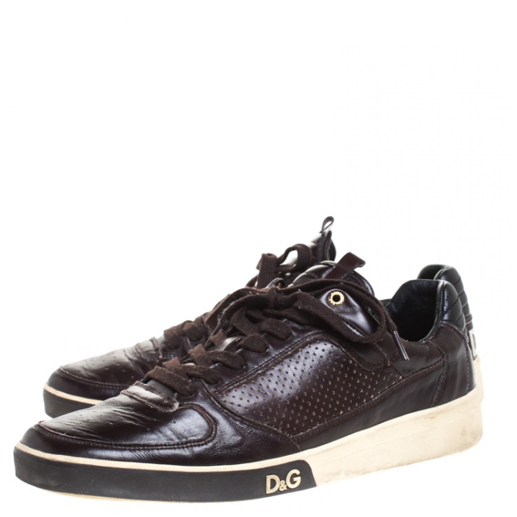 Pre Owned Dolce & Gabbana Brown Perforated Leather Lace Up Low Top Sneakers Size 44