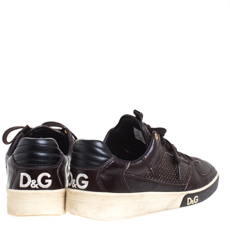 Pre Owned Dolce & Gabbana Brown Perforated Leather Lace Up Low Top Sneakers Size 44