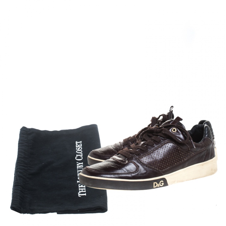 Pre Owned Dolce & Gabbana Brown Perforated Leather Lace Up Low Top Sneakers Size 44