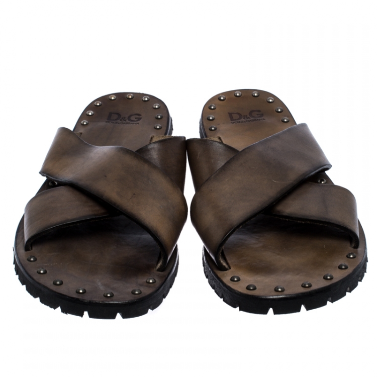 Pre Owned Dolce And Gabbana Grey Leather Studded Cross Strap Slide Sandals Size 45