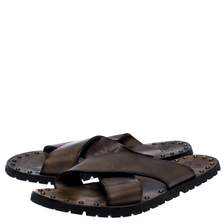 Pre Owned Dolce And Gabbana Grey Leather Studded Cross Strap Slide Sandals Size 45
