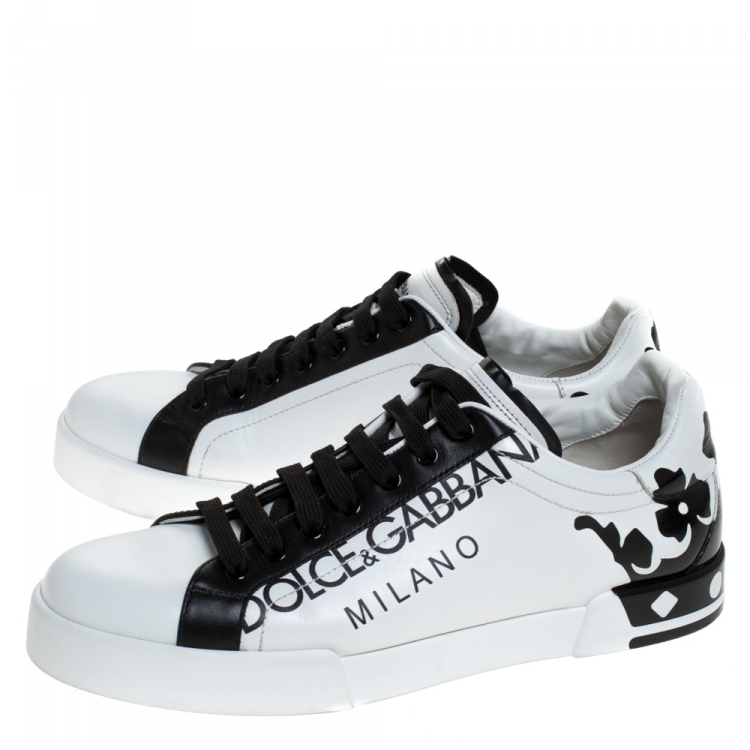 Pre Owned Dolce & Gabbana White/Black Leather Portofino Low Top Sneakers Size 43