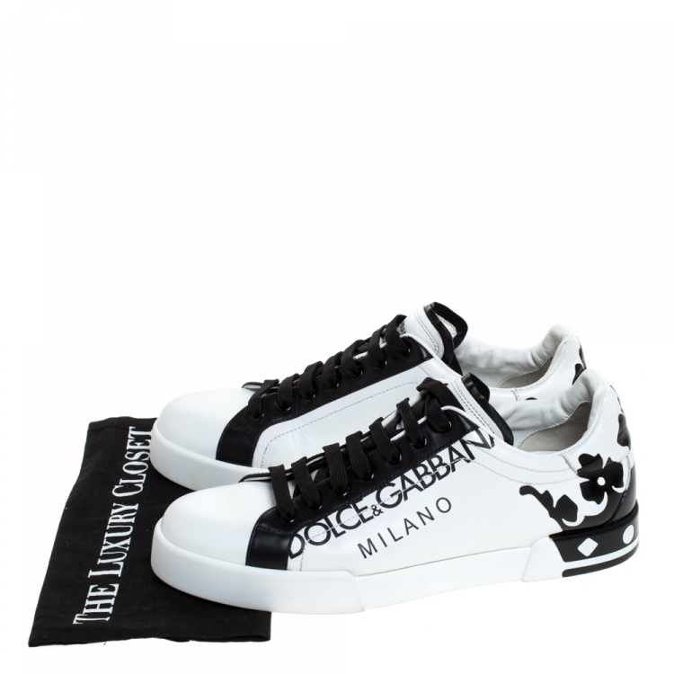 Pre Owned Dolce & Gabbana White/Black Leather Portofino Low Top Sneakers Size 43