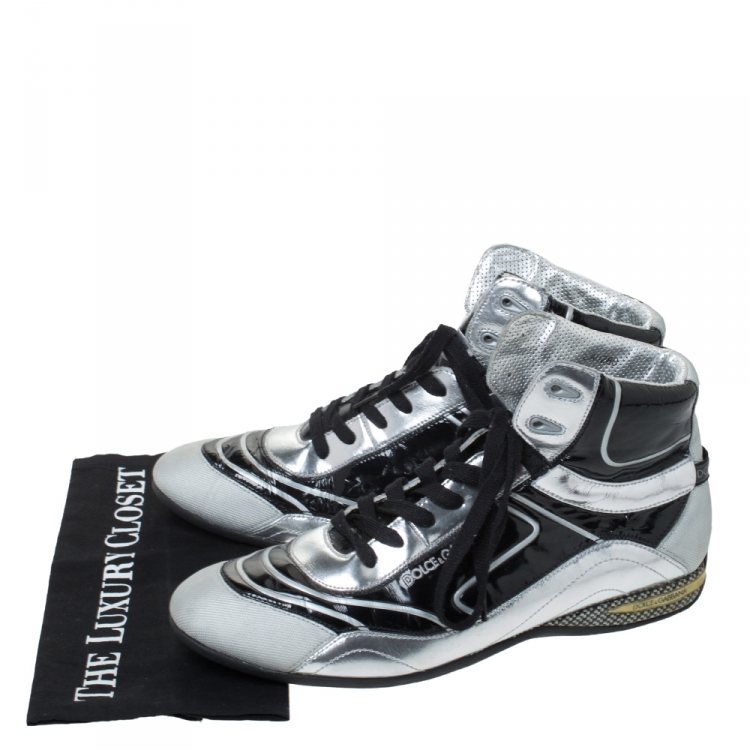 مملوكة مسبقًا Dolce & Gabbana Silver/Black Leather, Canvas and Patent High Top Sneakers Size 44