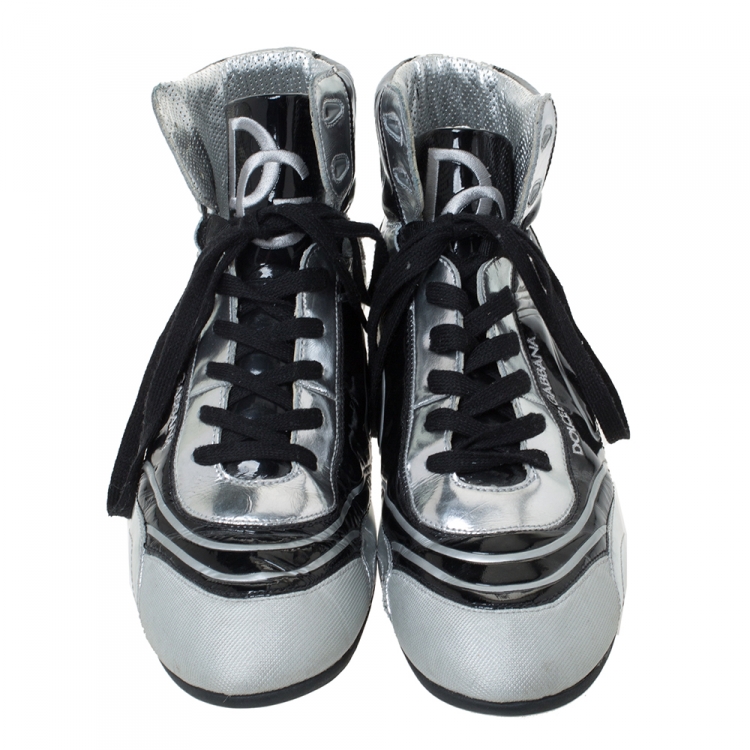 مملوكة مسبقًا Dolce & Gabbana Silver/Black Leather, Canvas and Patent High Top Sneakers Size 44