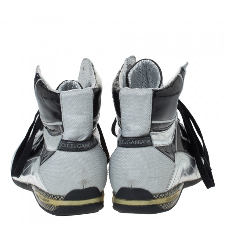 مملوكة مسبقًا Dolce & Gabbana Silver/Black Leather, Canvas and Patent High Top Sneakers Size 44