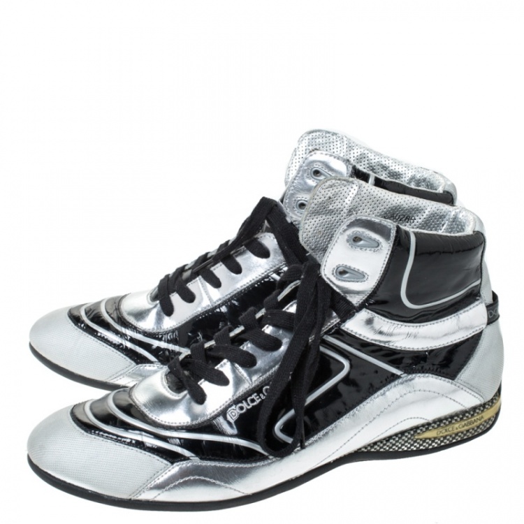 مملوكة مسبقًا Dolce & Gabbana Silver/Black Leather, Canvas and Patent High Top Sneakers Size 44