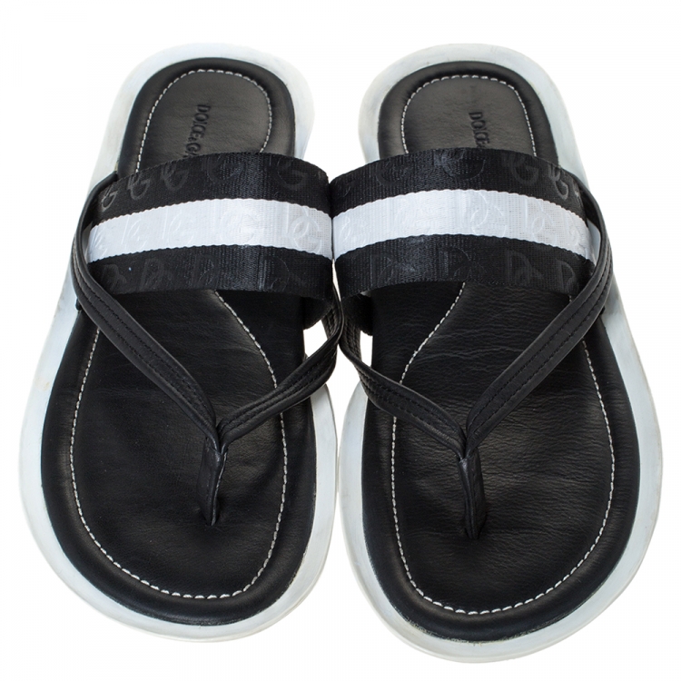 Pre Owned Dolce & Gabbana Leather And Logo Debossed Nylon Fabric Thong Flats Size 44