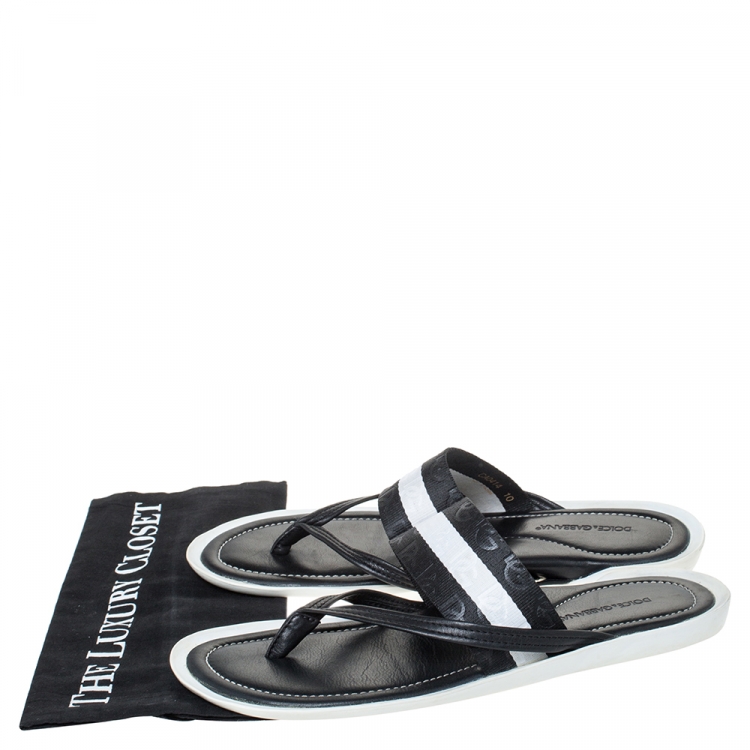 Pre Owned Dolce & Gabbana Leather And Logo Debossed Nylon Fabric Thong Flats Size 44
