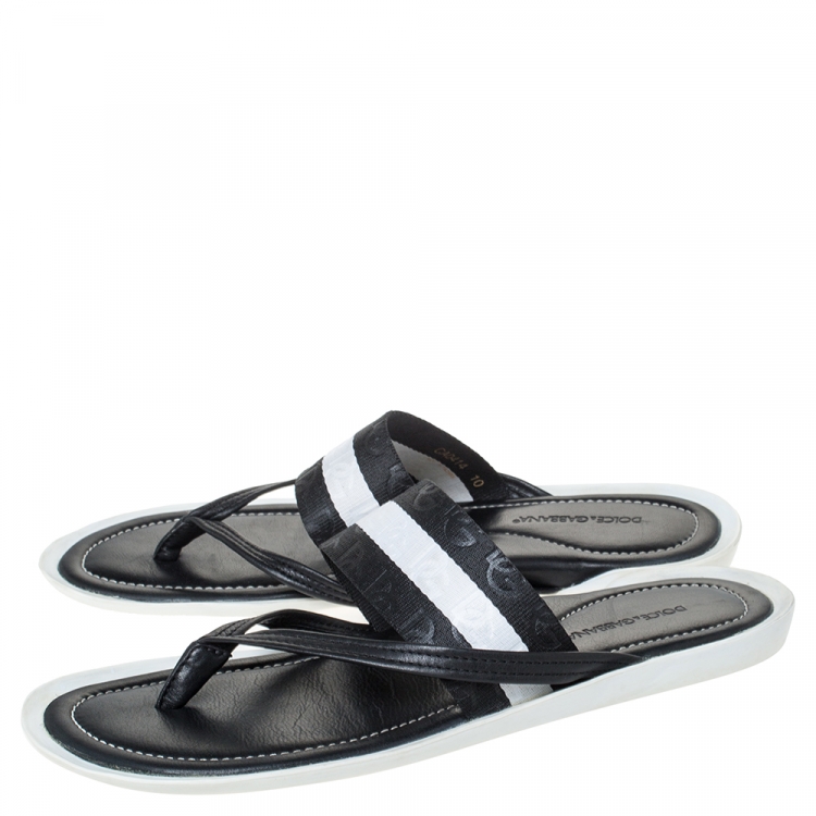 Pre Owned Dolce & Gabbana Leather And Logo Debossed Nylon Fabric Thong Flats Size 44