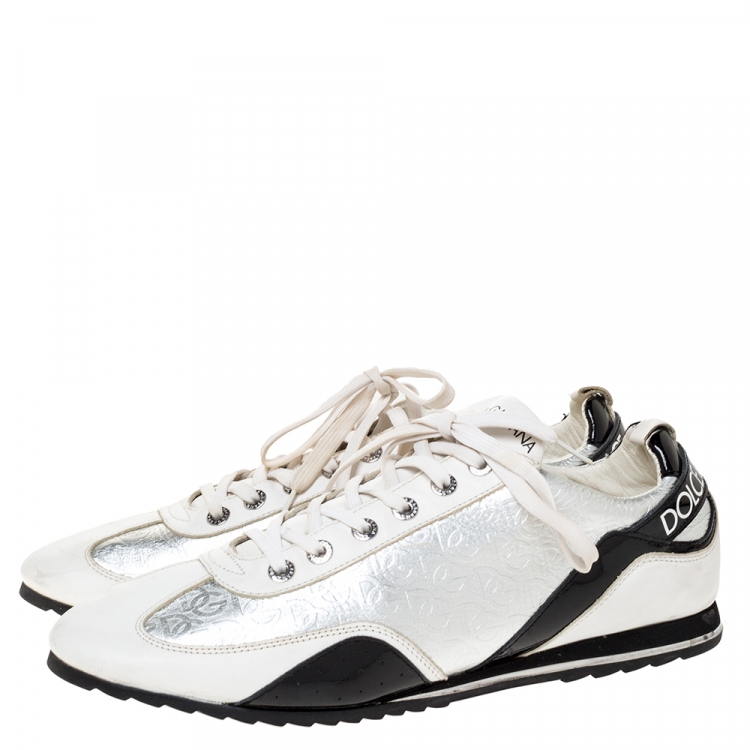 Pre Owned Dolce & Gabbana White/Black Patent and Leather Logo Low Top Sneakers Size 45