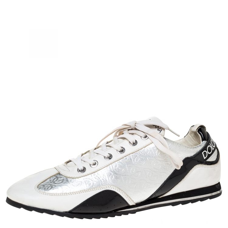 Pre Owned Dolce & Gabbana White/Black Patent and Leather Logo Low Top Sneakers Size 45