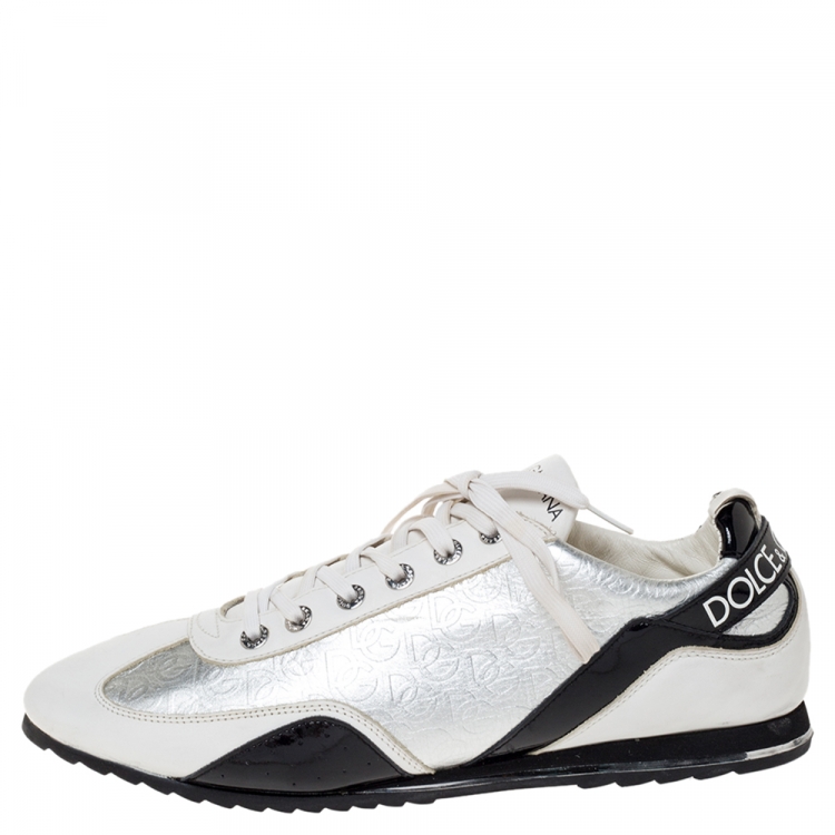 Pre Owned Dolce & Gabbana White/Black Patent and Leather Logo Low Top Sneakers Size 45