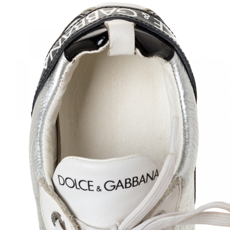 Pre Owned Dolce & Gabbana White/Black Patent and Leather Logo Low Top Sneakers Size 45