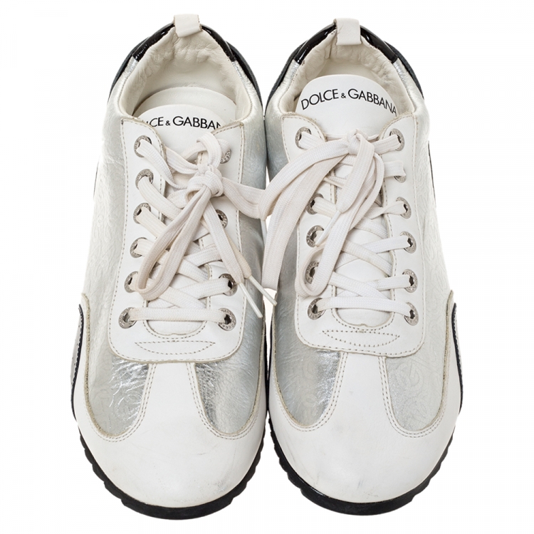 Pre Owned Dolce & Gabbana White/Black Patent and Leather Logo Low Top Sneakers Size 45