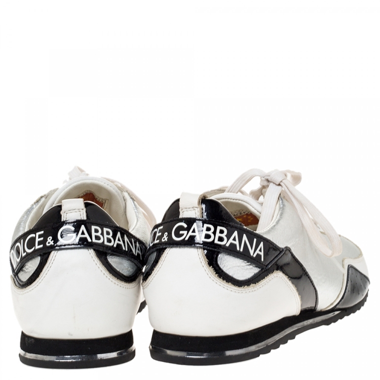 Pre Owned Dolce & Gabbana White/Black Patent and Leather Logo Low Top Sneakers Size 45