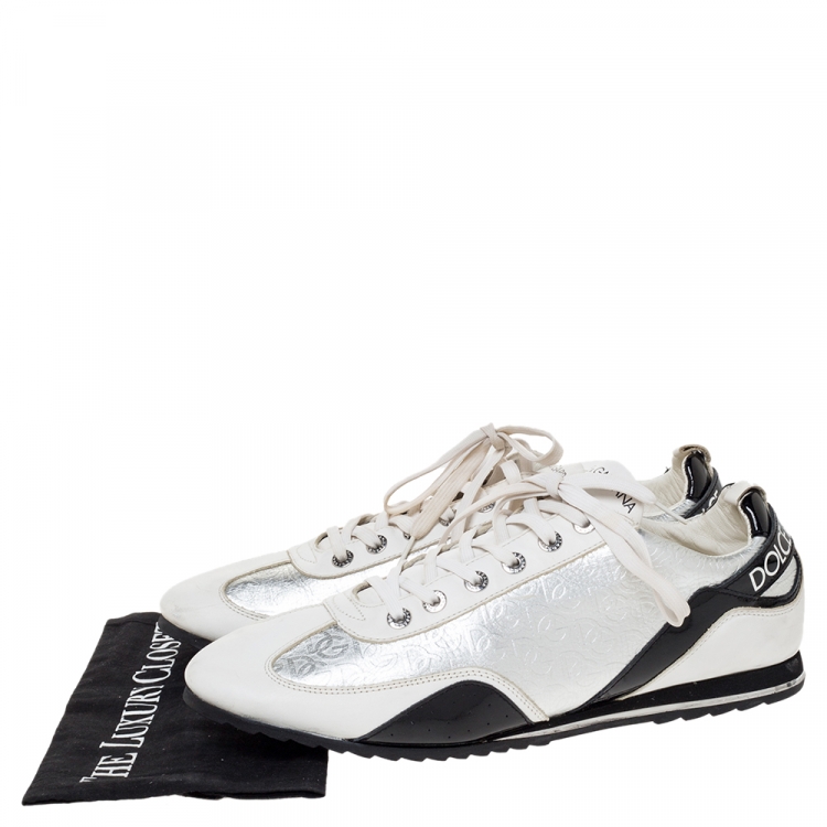 Pre Owned Dolce & Gabbana White/Black Patent and Leather Logo Low Top Sneakers Size 45