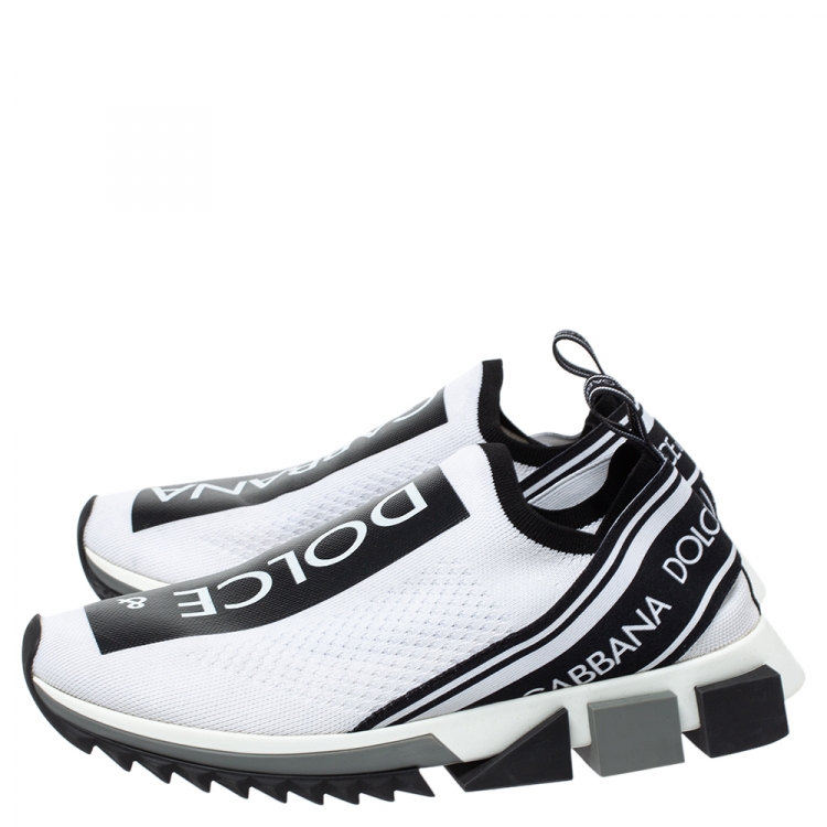 Pre Owned Dolce & Gabbana White/Black Stretch Fabric Logo Sorrento Slip On Sneakers Size 42